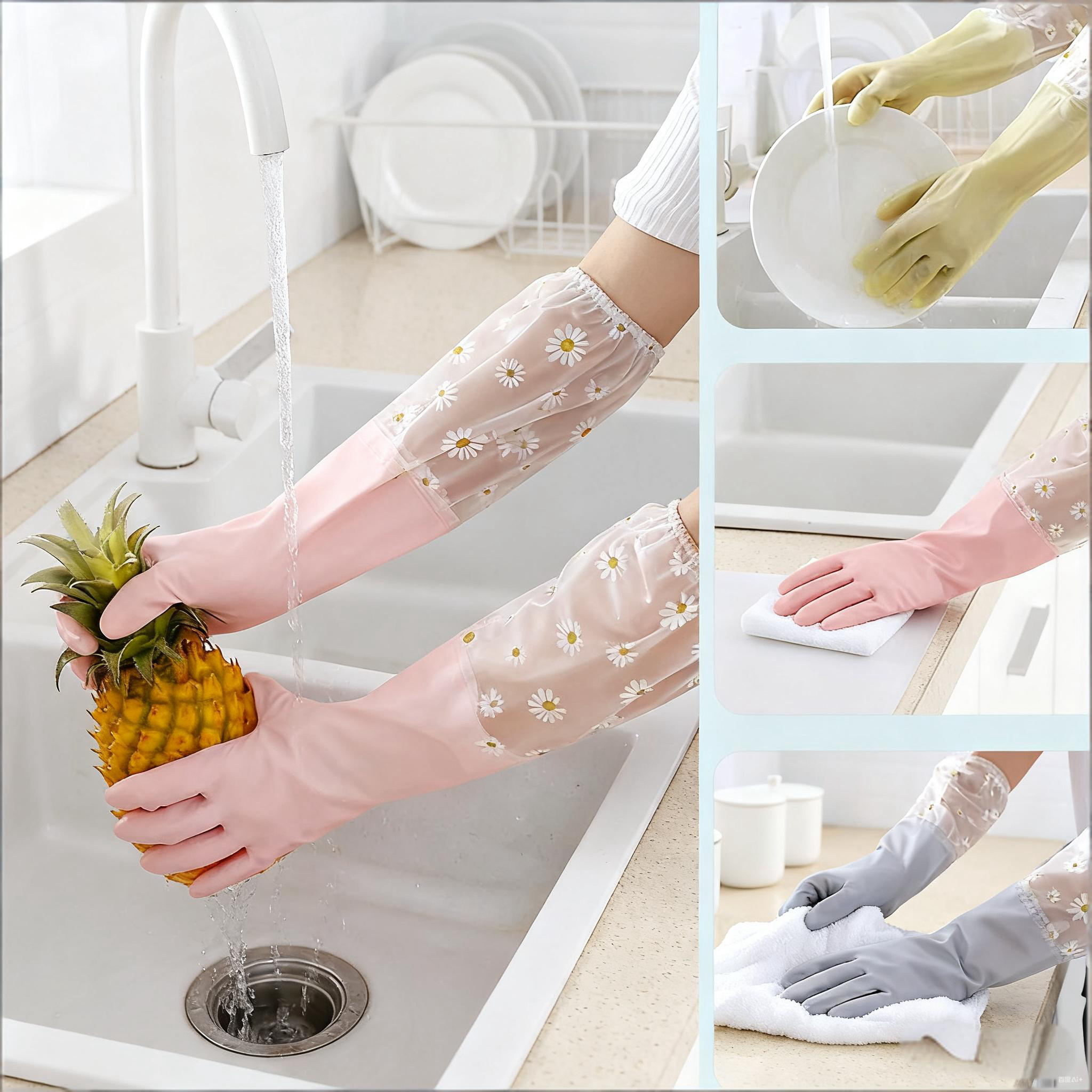 Dish Glove Rubber - 1 زوج قفازات مطاطية طويلة الأكمام