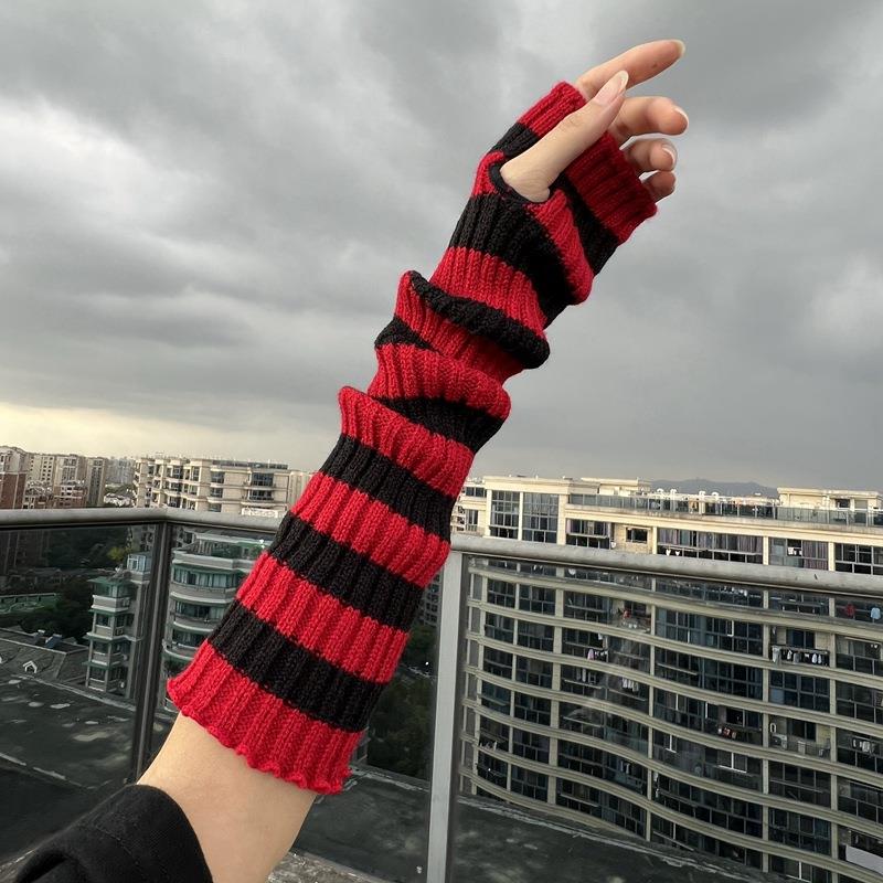 Fingerless Glove Knit - شتاء دافئ طويل الأكمام القوطية مخطط